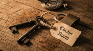 Schlüsselbund mit Schloss und Zettel auf dem "Escape Room" steht