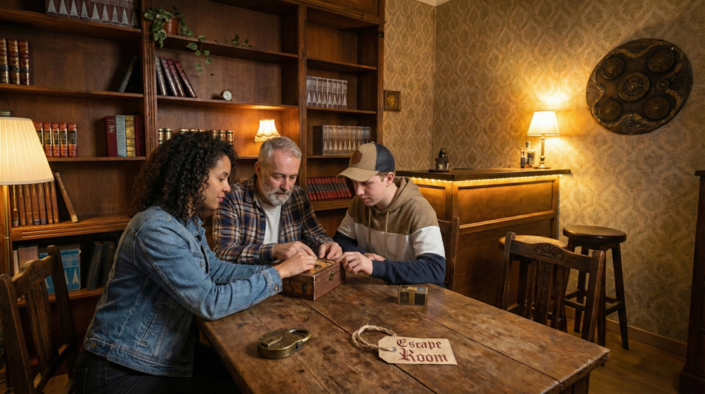 Personengruppe beim Rätseln in einem Escape Room