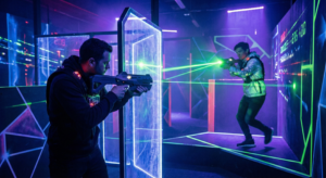 Zwei Personen spielen Lasertag in Neon-Umgebung - KI-generiertes Symbolbild