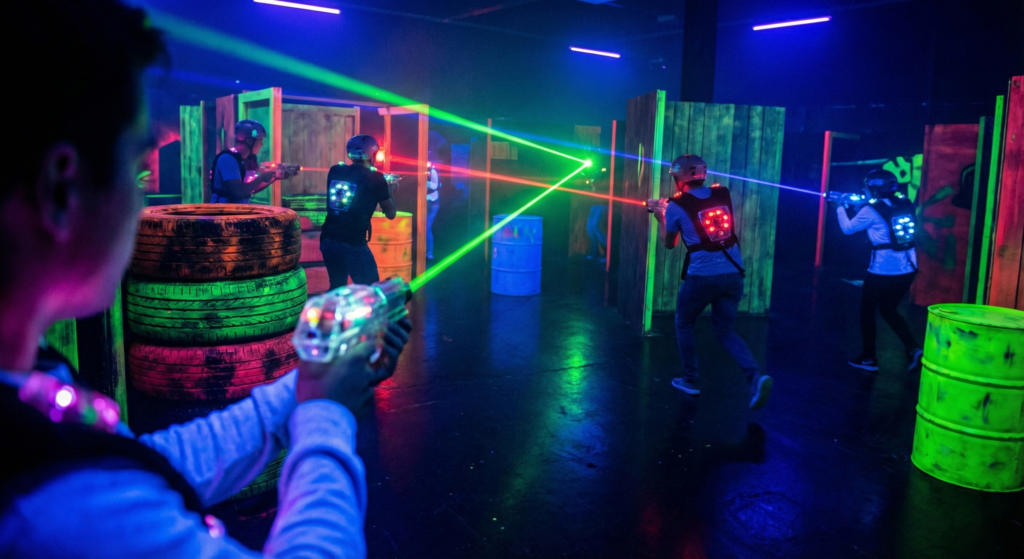 Ein dynamisches Foto aus der Egoperspektive in einer dunklen Lasertag-Arena, das Spieler mit leuchtenden Westen und Waffen zwischen Hindernissen wie Reifenstapeln und Holzverschlägen zeigt. Rote und grüne Laserstrahlen durchziehen den nebligen Raum. Dies ist ein KI-generiertes Symbolbild.
